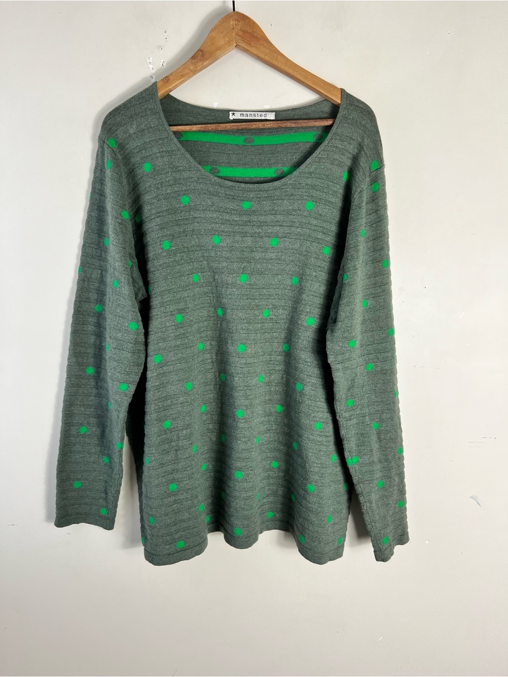 Mansted Women’s Long Sleeve Green Polka Dot Knit Sweater Size XL 100% Cotton